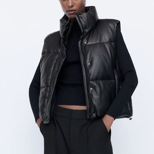 Zara Black Puffer Leather-Look Vest